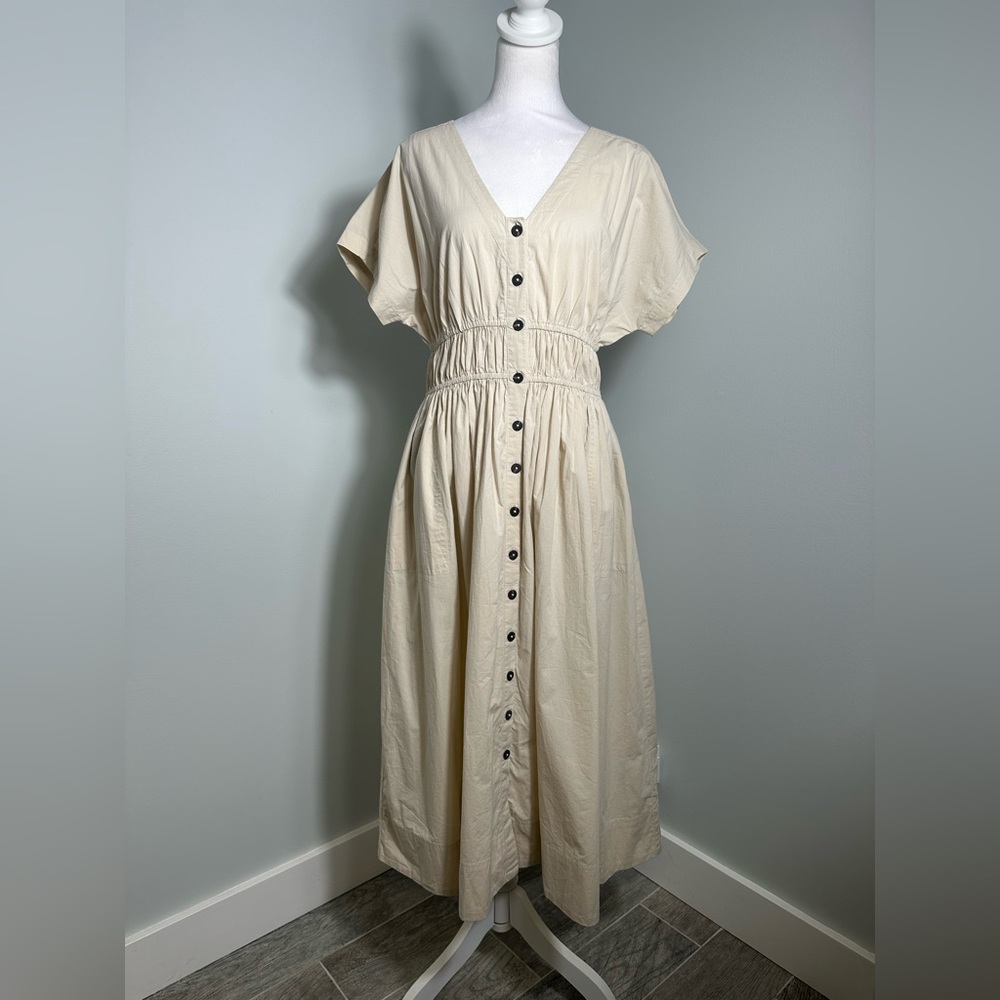NWT Madewell Poplin Sophia Button-Front Midi  Neutral Dress, NH564, Size Medium - Picture 3 of 16